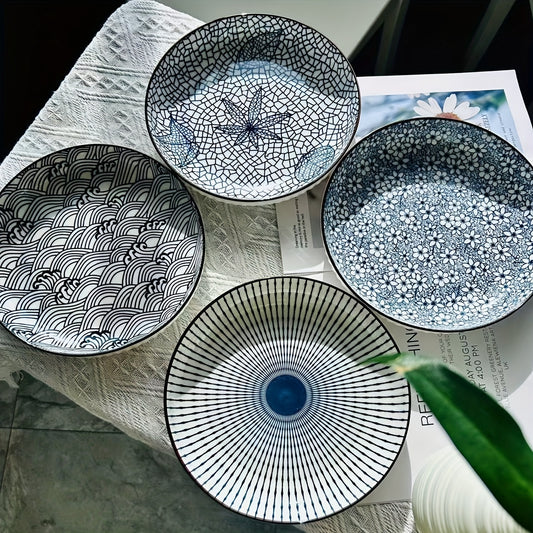 Set of 4 Ceramic Round Dinner Plates Blue Illustration