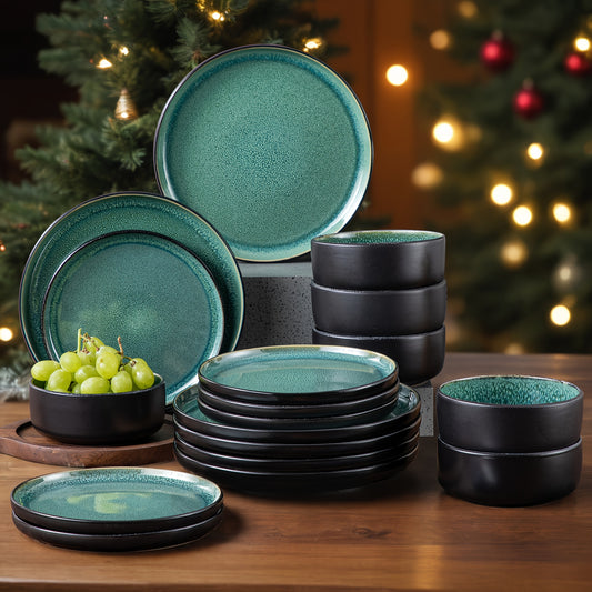 18pcs Dinner Set, Stone Glaze Ceramic Plates in Blue