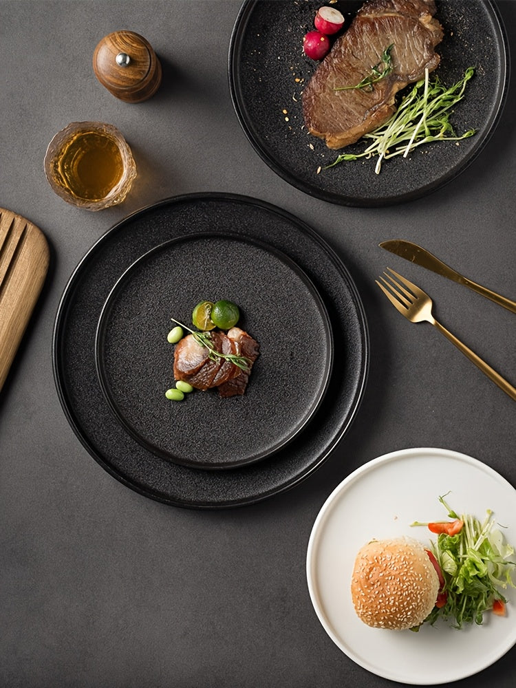 2-Pack Ceramic Dinner Plates - Matte Textured Steak Plates with Golden Rim
