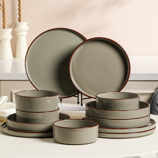 12pcs Elegant Dark Green & Matte Brown Ceramic Tableware Set