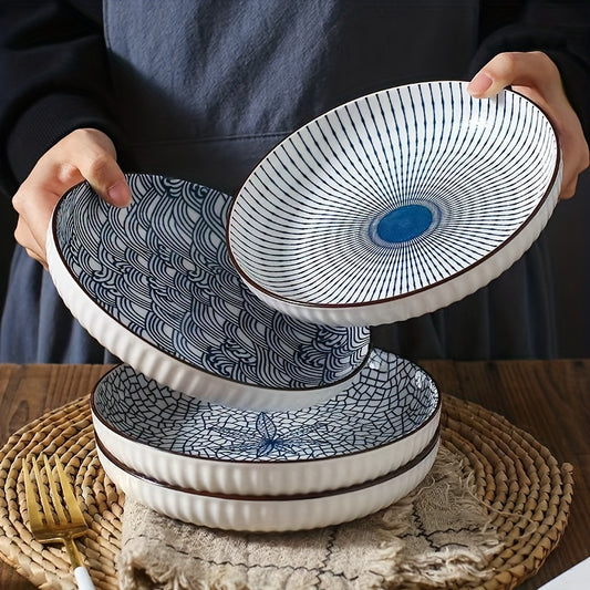 Set of 4 Ceramic Round Dinner Plates Blue Illustration