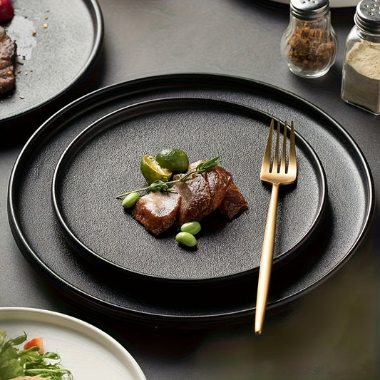 2-Pack Ceramic Dinner Plates - Matte Textured Steak Plates with Golden Rim