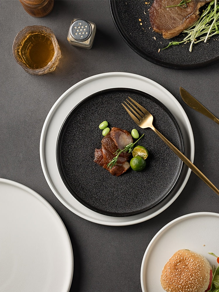 2-Pack Ceramic Dinner Plates - Matte Textured Steak Plates with Golden Rim