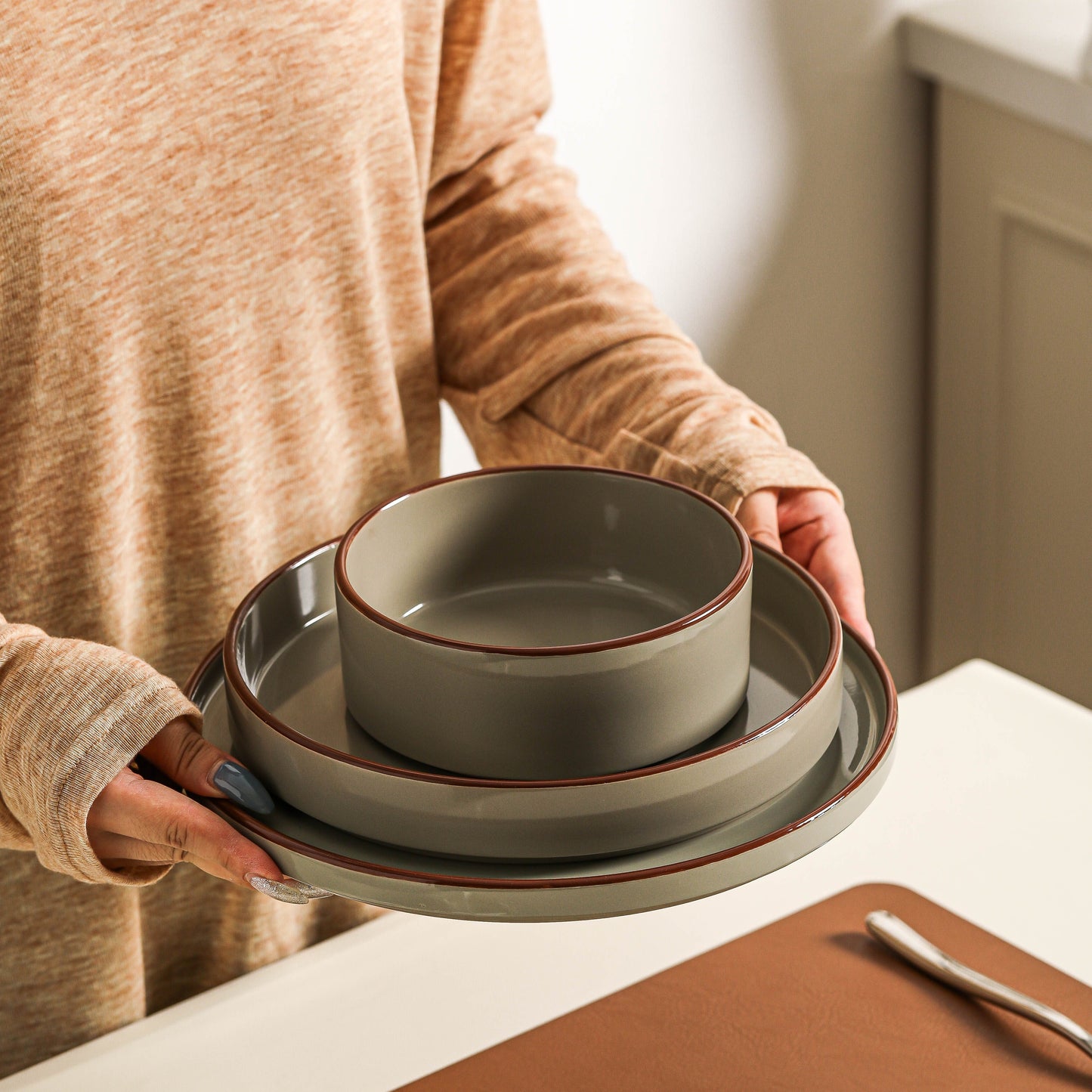 12pcs Elegant Dark Green & Matte Brown Ceramic Tableware Set