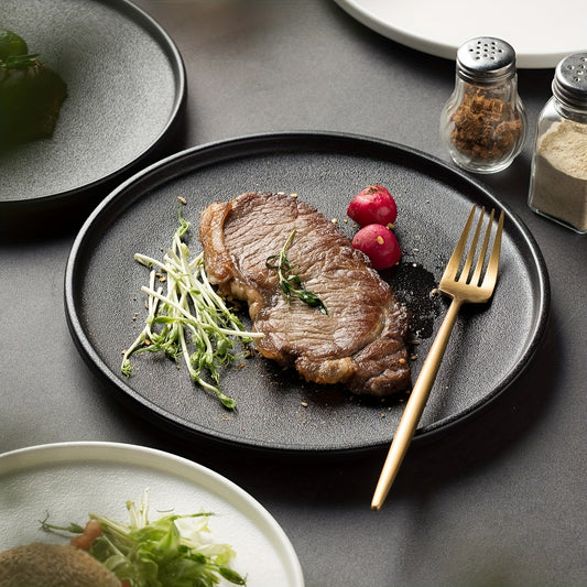 2-Pack Ceramic Dinner Plates - Matte Textured Steak Plates with Golden Rim