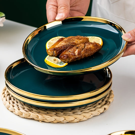 3pcs Emerald and gold Luxury High-end Dinner Plates
