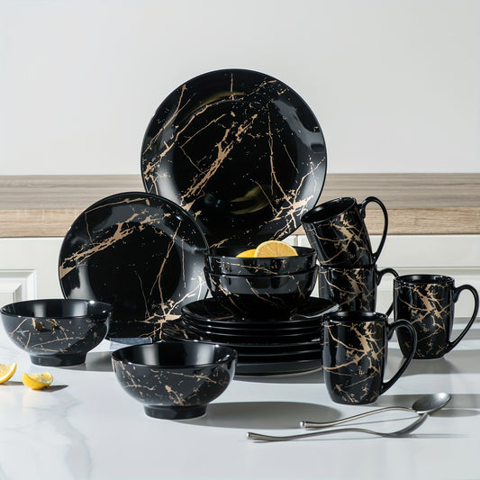 Black Plates And Bowls 16 Piece Gold Splash Ceramics Set