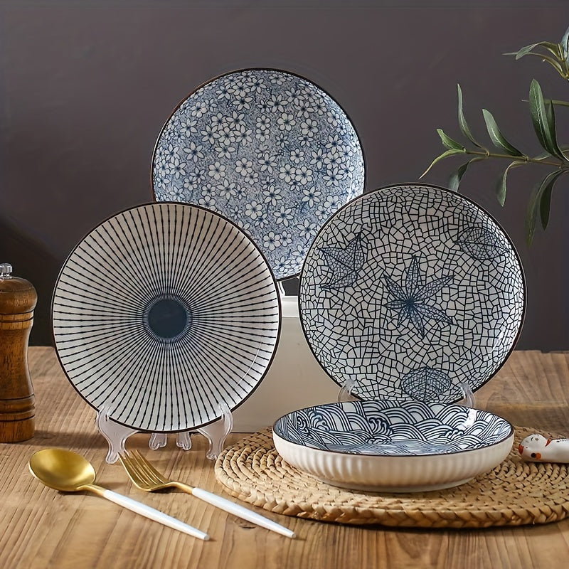 Set of 4 Ceramic Round Dinner Plates Blue Illustration