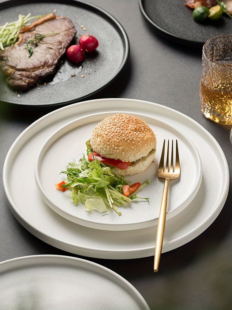 2-Pack Ceramic Dinner Plates - Matte Textured Steak Plates with Golden Rim