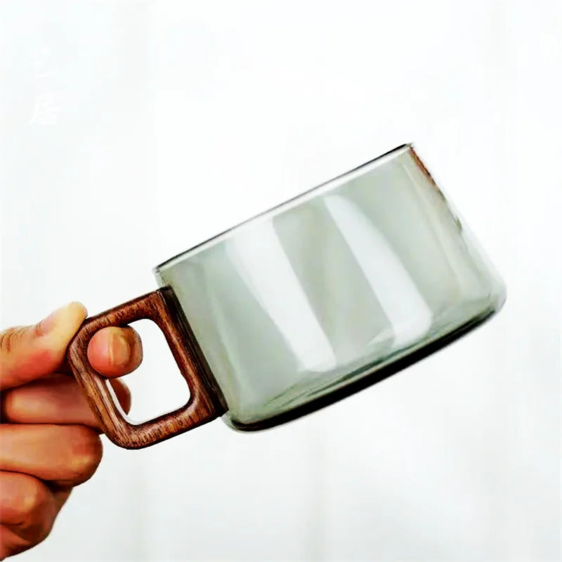 Wooden Handle Glass Coffee Mug
