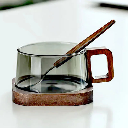 Wooden Handle Glass Coffee Mug