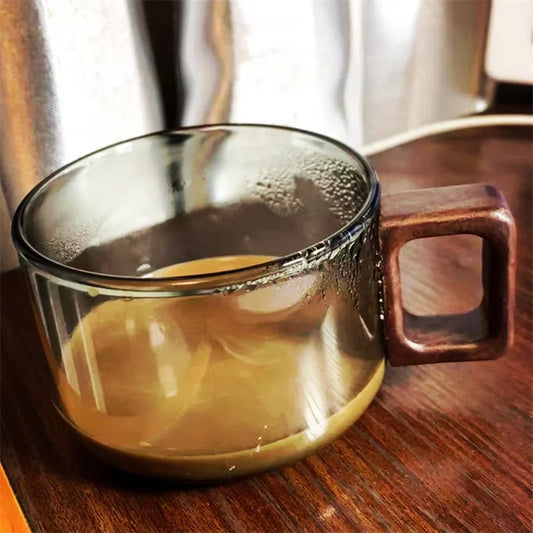 Wooden Handle Glass Coffee Mug