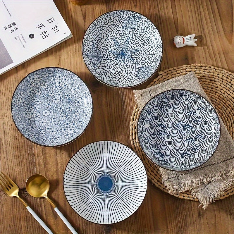 Set of 4 Ceramic Round Dinner Plates Blue Illustration