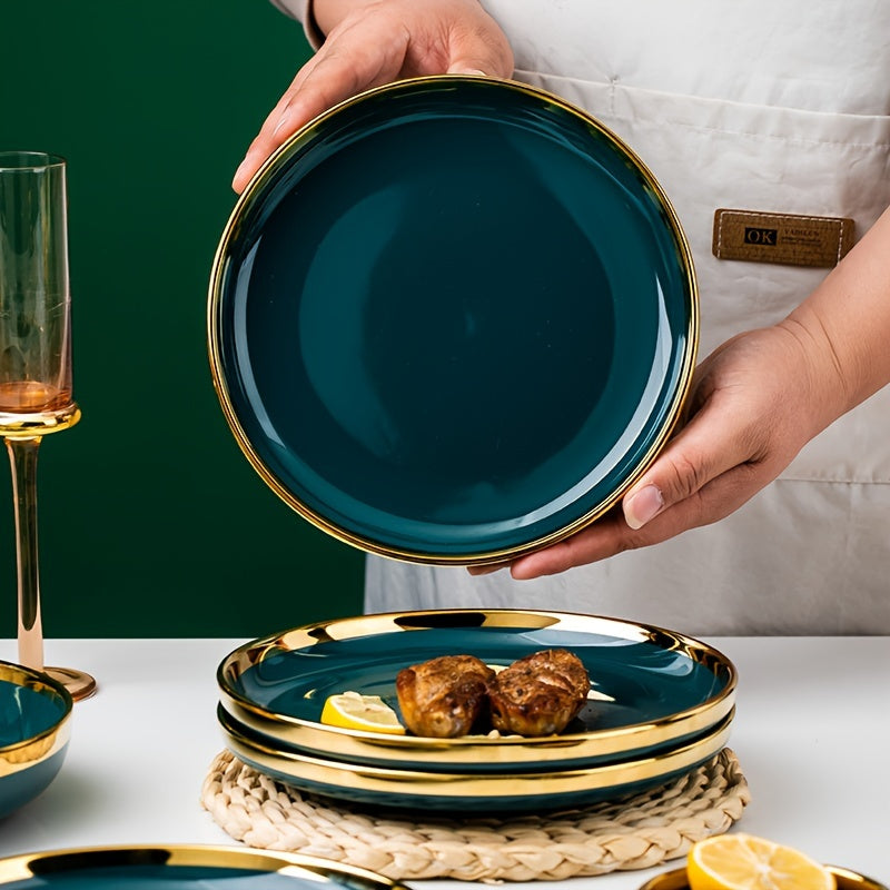3pcs Emerald and gold Luxury High-end Dinner Plates