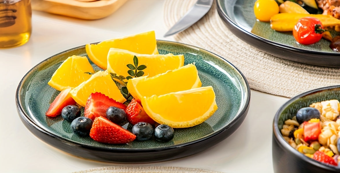 18pcs Dinner Set, Stone Glaze Ceramic Plates in Blue