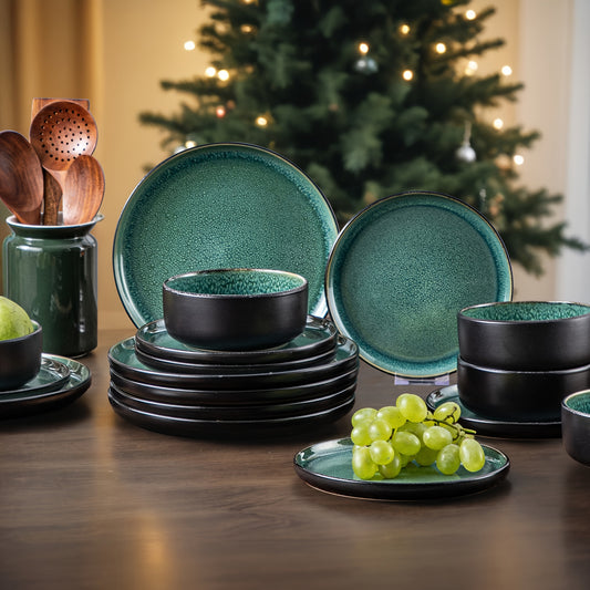 18pcs Dinner Set, Stone Glaze Ceramic Plates in Blue