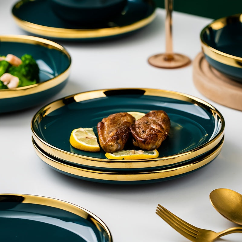 3pcs Emerald and gold Luxury High-end Dinner Plates