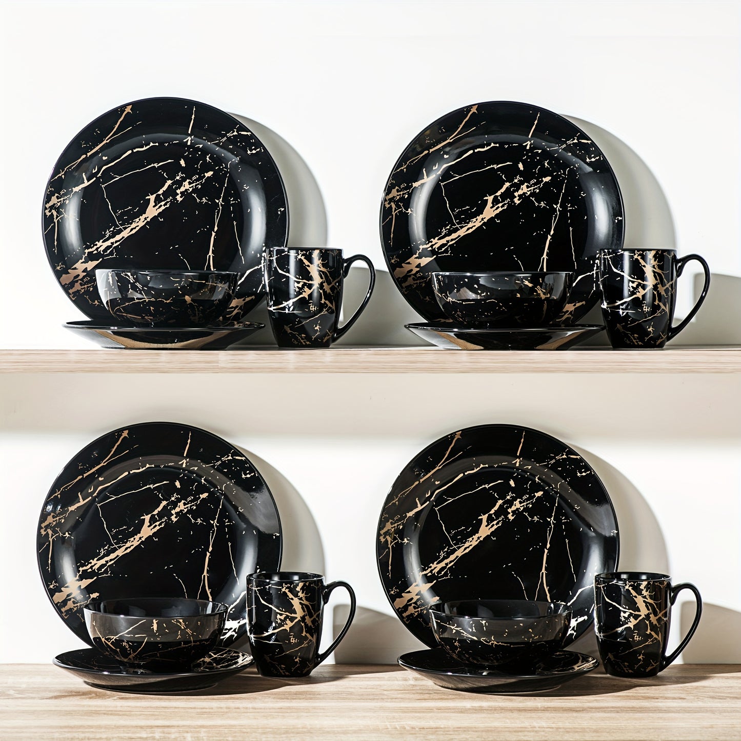 Black Plates And Bowls 16 Piece Gold Splash Ceramics Set