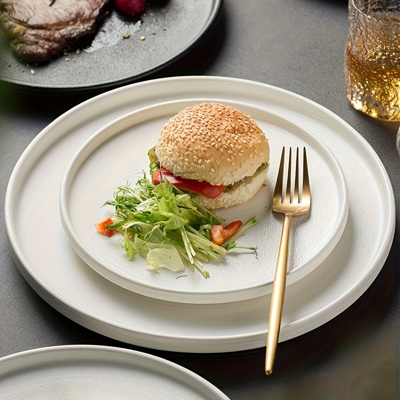 2-Pack Ceramic Dinner Plates - Matte Textured Steak Plates with Golden Rim