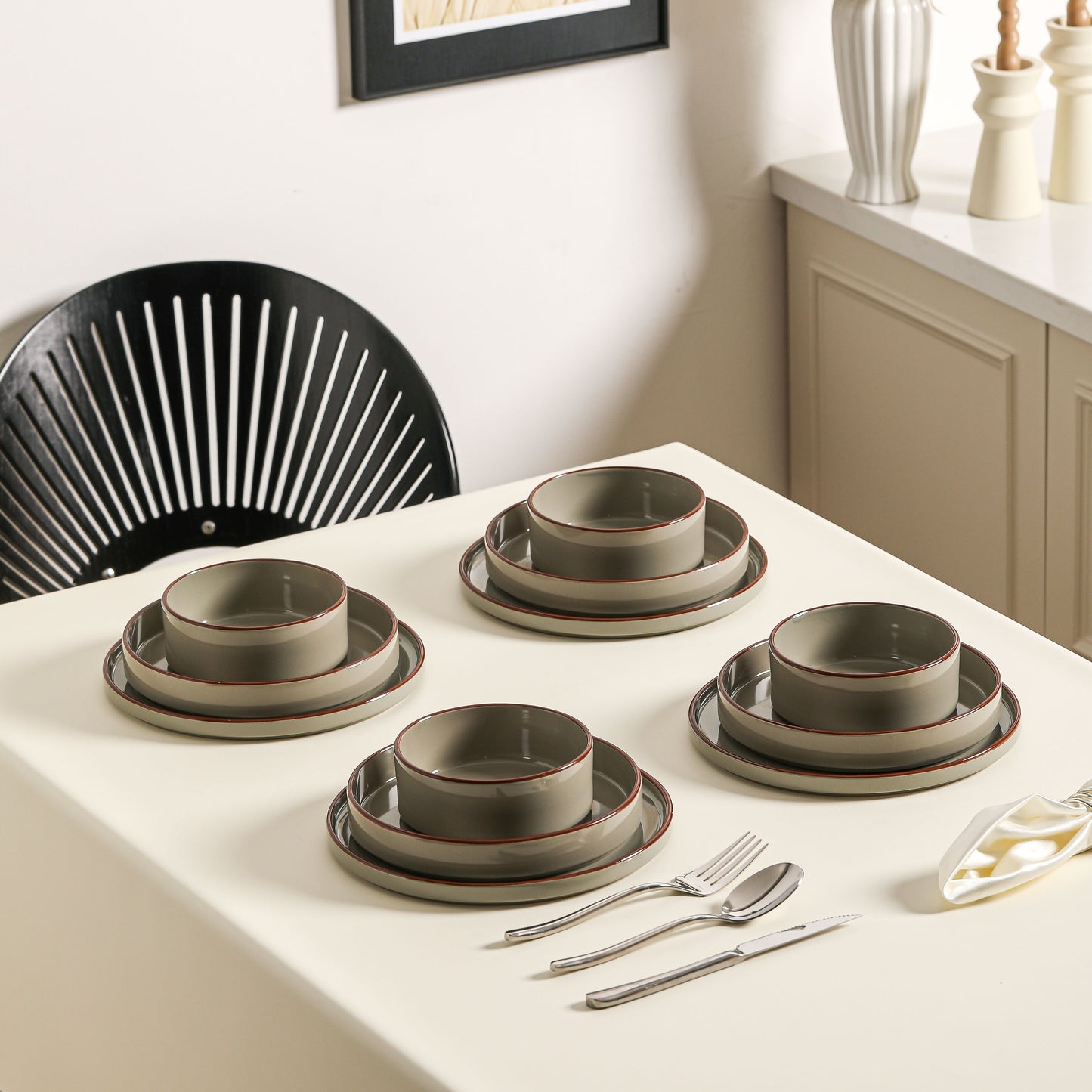 12pcs Elegant Dark Green & Matte Brown Ceramic Tableware Set