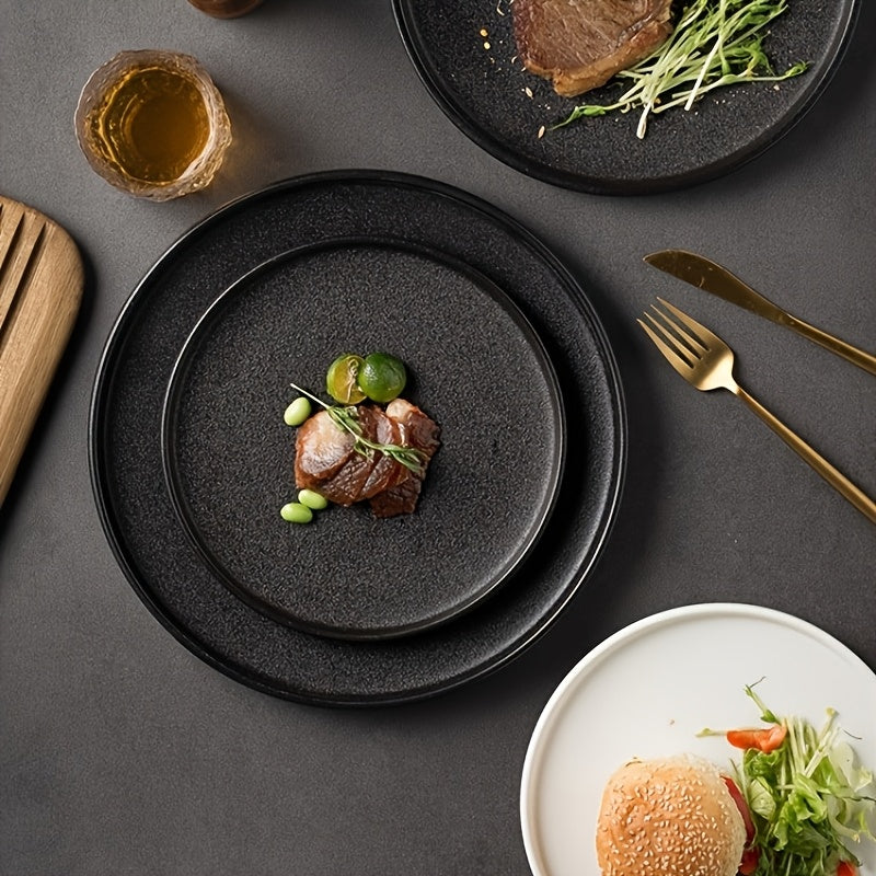 2-Pack Ceramic Dinner Plates - Matte Textured Steak Plates with Golden Rim