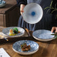 Set of 4 Ceramic Round Dinner Plates Blue Illustration