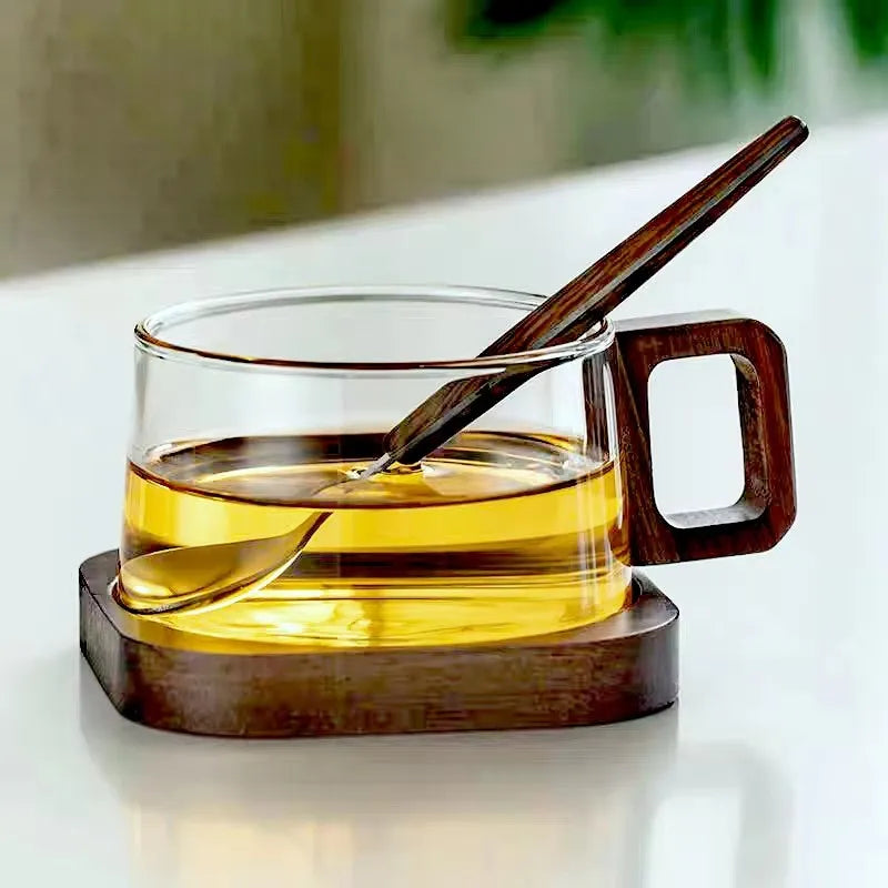 Wooden Handle Glass Coffee Mug