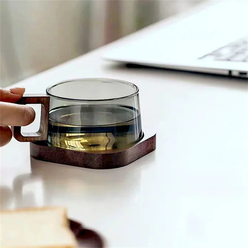Wooden Handle Glass Coffee Mug