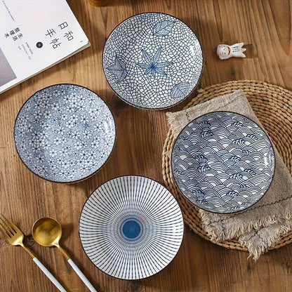 Set of 4 Ceramic Round Dinner Plates Blue Illustration