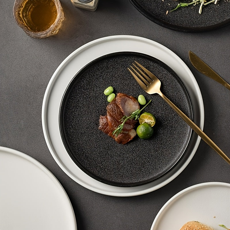 2-Pack Ceramic Dinner Plates - Matte Textured Steak Plates with Golden Rim