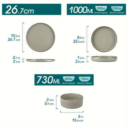 12pcs Elegant Dark Green & Matte Brown Ceramic Tableware Set